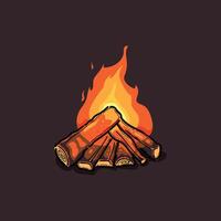 Digital illustration of a campfire featuring wooden logs and flames against a solid backdrop, evoking warmth and camping aesthetics. vector