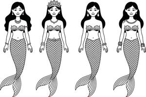 Set of four black and white outline mermaid characters with various accessories vector