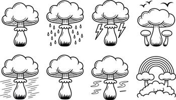 Hand drawn weather icon set mushroom cloud style featuring rain lightning and rainbow vector
