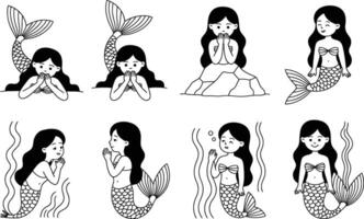 Cute mermaid characters collection in different poses undersea world illustrations vector