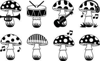 Musical mushrooms set cute fungi playing instruments doodle style design vector