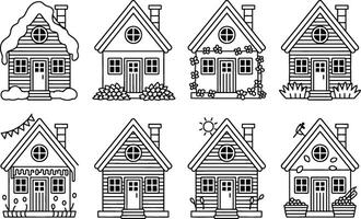 Collection of house icons with seasonal and decorative elements in line art style vector