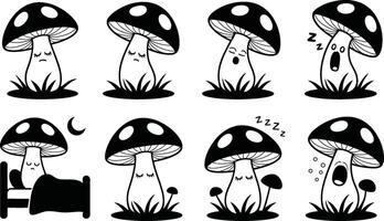 Cute mushroom characters showing different emotions sleeping and yawning illustration vector