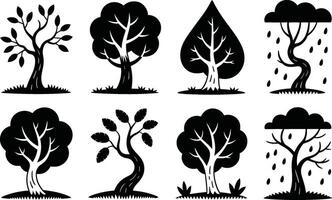 Collection of black and white trees set natural elements isolated vector