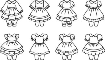Collection of black and white dress outline illustrations for coloring and design projects vector