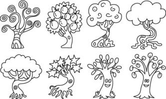 Collection of hand drawn stylized trees in black and white outline vector