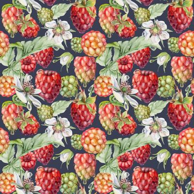 Raspberry ripe garden berries, flowers in water dew drops hand drawn in watercolor. Seamless pattern isolated on dark. Home preserves, textile washi tape, food store decor, packaging, wrapping paper