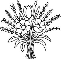 Elegant black and white line art bouquet of flowers and leaves illustration vector