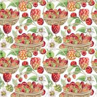 Raspberry with leaves in weaved basket. Scattered ripe picked forest garden berry harvest, hand drawn in watercolor. Isolated seamless pattern. Home preserves, textile linens, food store, packaging vector