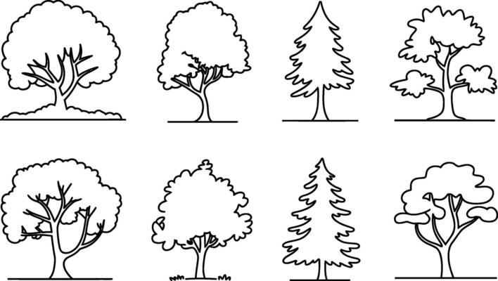 Collection of various black and white tree silhouette clip arts graphics