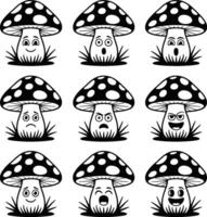 Cute mushroom characters with different emotions black and white illustration vector