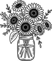 Sunflower bouquet in mason jar illustration black and white line art vector