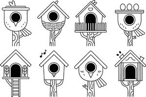 Collection of black and white birdhouse illustrations with unique designs on trees vector