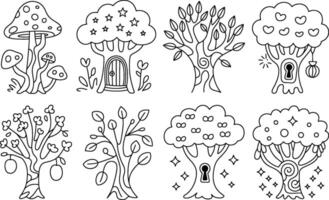 Whimsical forest elements line art collection mushrooms trees and foliage vector