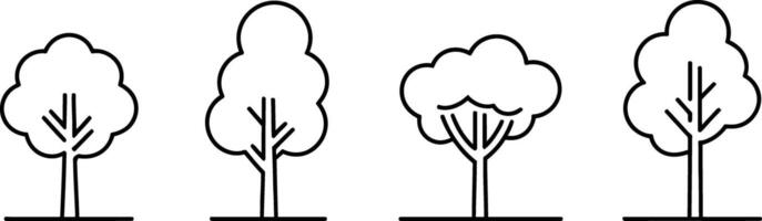 Four tree icon set minimalist outline style black and white vector