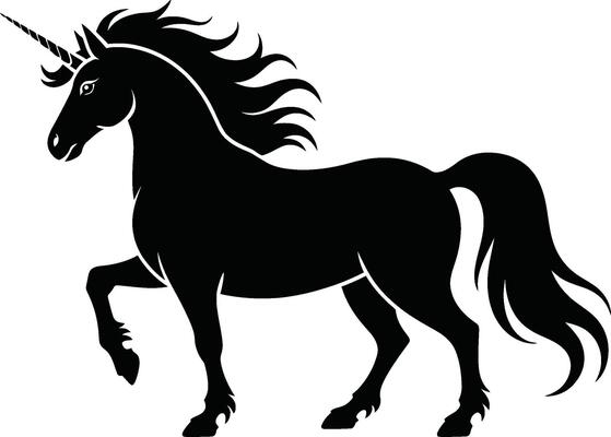 Elegant black unicorn silhouette illustration on white background