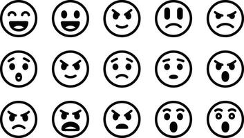 Collection of simple black and white emoji icons expressing various emotions vector