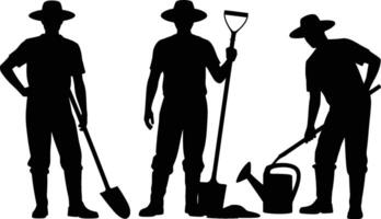 Silhouette of farmers working with gardening tools on a white background vector