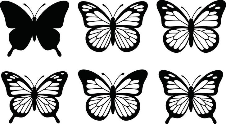 Butterfly silhouette set with different wing designs in black and white