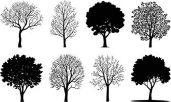 Set of tree silhouettes with bare branches and foliage design elements vector