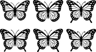 Collection of six black and white butterfly illustrations isolated on white background vector