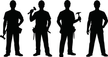 Silhouetted construction workers with hammers and hard hats full length vector