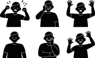 Different expressions of sadness anger and distress shown in black and white vector