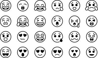 Collection of diverse expression emoji icons in black and white line art vector