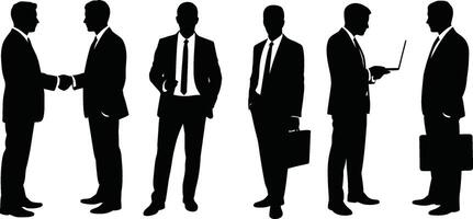 Silhouetted business professionals engaging in collaboration and communication in diverse situations vector