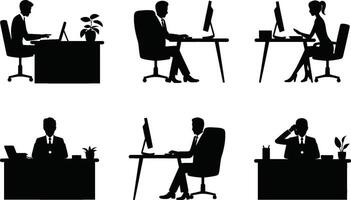 Silhouette illustration of people working in office cubicles and desks vector