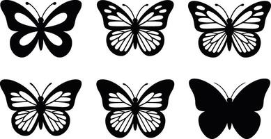 Six butterfly silhouette designs with intricate wing patterns and clean black and white aesthetic vector