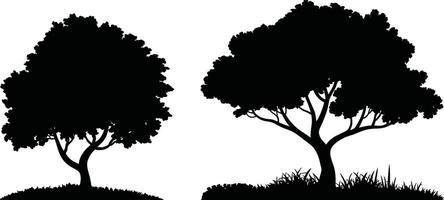 Silhouette illustration of two trees with bushes on white background graphic vector