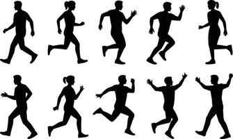 Silhouette collection of people in motion running walking and celebrating poses vector