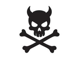 Black silhouette of cartoon human skull with horns and crossed bones, isolated on white background. Concept of pirate symbol, danger sign, devil or satan icon, gothic and halloween design element vector
