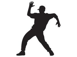 Silhouette of dancing man in dynamic pose, isolated on white background, concept of dance, movement, hip-hop, energetic expression, graphic illustration vector