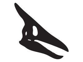 Black silhouette of pterosaur skull with long beak and sharp teeth, isolated on white background, graphic illustration. Concept of prehistoric flying reptile skeleton, pterodactyl fossil vector