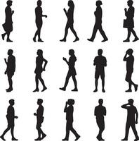 Fifteen Black Silhouettes of People Walking and Standing in Various Poses Against a White Background Simple Graphic vector