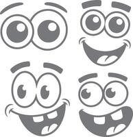Four Gray Cartoon Faces with Big Eyes and Happy Expressions Silhouette Style Illustrations Set vector