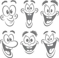 Six Gray Scale Cartoon Face Silhouettes with Varying Expressions Big Eyes Wide Open Mouths Happy Joyful vector