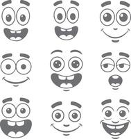 Nine Gray Cartoon Faces Showing Various Expressions Happy Surprised Sleepy Smiling Wide Open Eyes Big Mouths Simple Silhouette Style vector