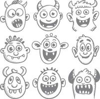 Nine Grey Scale Cartoon Monster Silhouettes with Varying Expressions and Features Hand Drawn Sketch Style Fun Quirky Characters vector