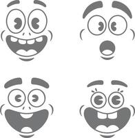 Four Gray Cartoon Faces Showing Different Expressions Happy Surprised and Silly Wide Open Mouths Big Eyes Simple Silhouette Style vector
