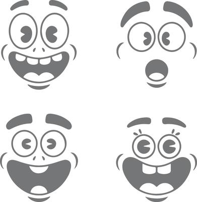 Four Gray Cartoon Faces Showing Different Expressions Happy Surprised and Silly Wide Open Mouths Big Eyes Simple Silhouette Style