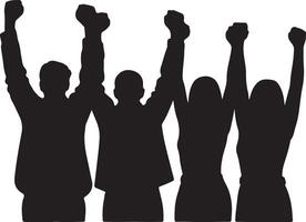 Four Black Silhouettes of People with Arms Raised in Celebration Unity Teamwork Success Achievement vector
