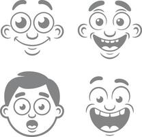 Four Gray Cartoon Faces Showing Different Expressions Happy Surprised and Laughing Silhouettes Illustrations vector