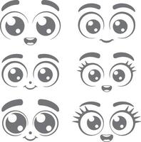 Six Gray Cartoon Eyes and Mouths Set Cute Childlike Expressions Happy Smiling Faces Silhouette Style Graphics Design Elements vector