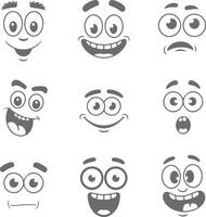 Nine Gray Cartoon Faces Showing Diverse Expressions Happy Surprised Anxious Silly Smiling Illustrations Silhouette Style vector