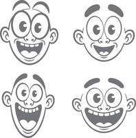 Four Gray Cartoon Silhouettes of Happy Smiling Faces with Wide Open Mouths and Big Eyes Illustrative Style Set vector