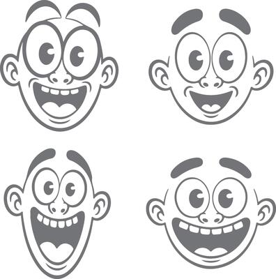 Four Gray Cartoon Silhouettes of Happy Smiling Faces with Wide Open Mouths and Big Eyes Illustrative Style Set