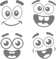 Four Gray Cartoon Faces with Varying Expressions Happy Smiling Excited and Playful Silhouette Style Illustrations vector